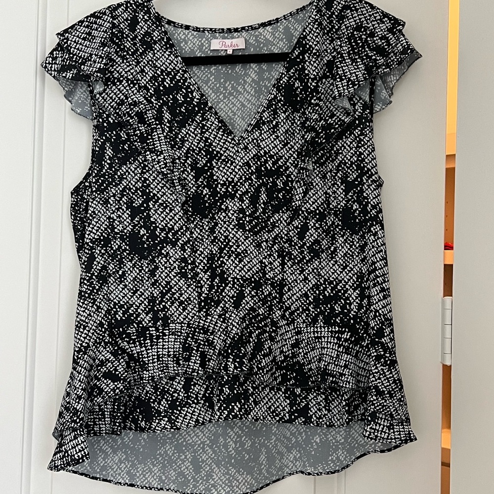 Parker black and white v-neck ruffle blouse